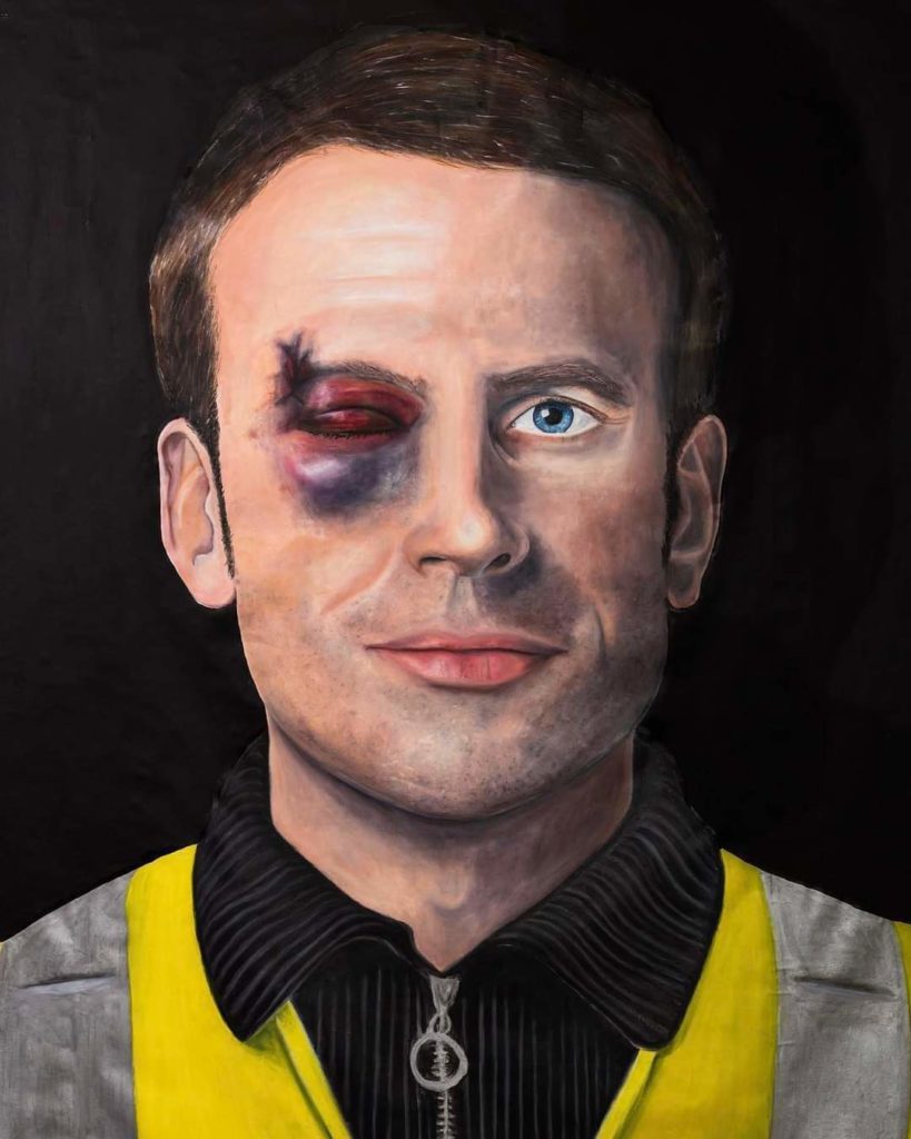 Œuvre de l'artiste Jaeraymie sur les affiches électorales des candidats Emmanuel Macron et Marine Le Pen.