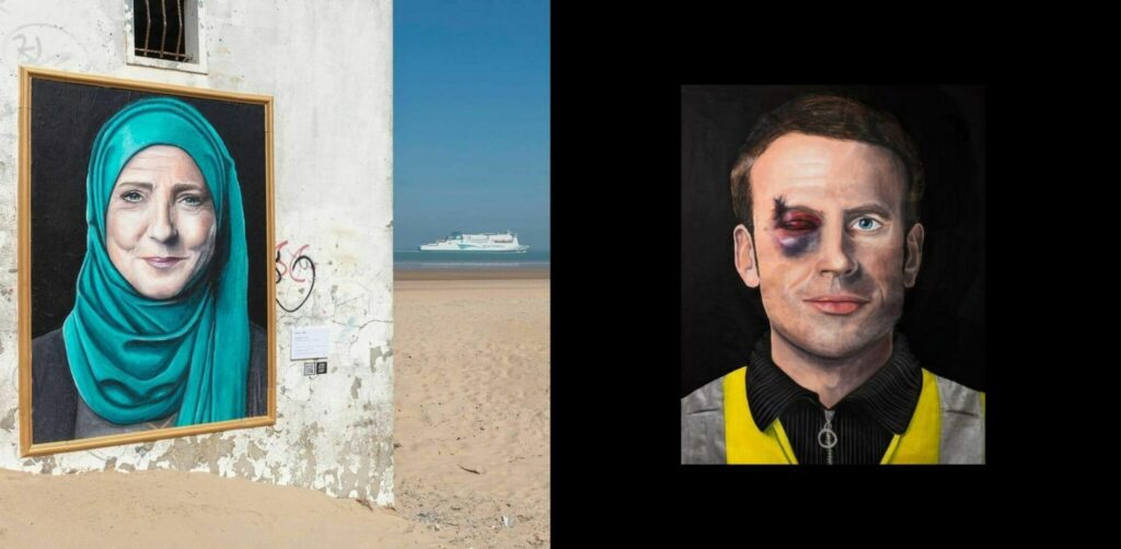 Œuvre de l'artiste Jaeraymie sur les affiches électorales des candidats Emmanuel Macron et Marine Le Pen.