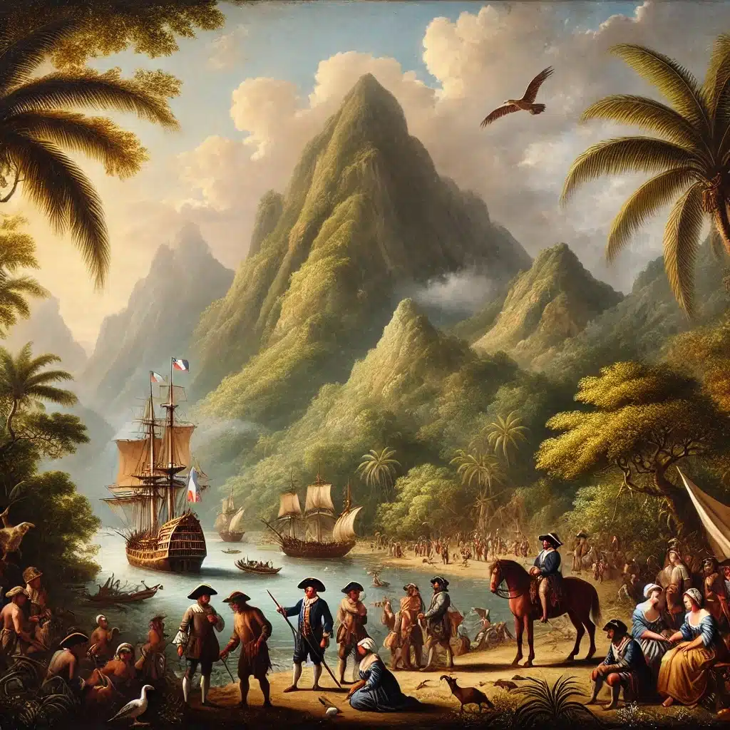 DALL·E 2024-09-24 19.10.39 - A painting in the style of 17th-century European classical art, depicting the discovery and early colonization of La Réunion island, with a focus on a