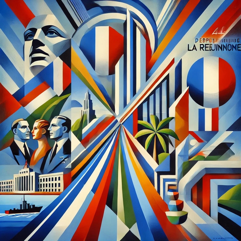 DALL·E 2024-09-24 19.11.14 - A modernist painting depicting the departmentalization of La Réunion in 1946. The artwork uses abstract forms and vibrant colors to represent the tran
