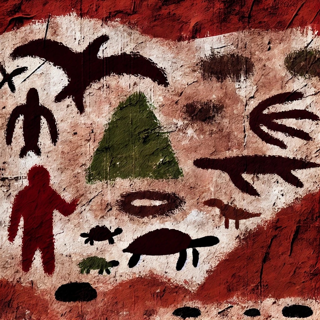 DALL·E 2024-09-24 19.16.36 - A cave painting-style artwork that evokes the essence of La Réunion island, using earth-toned colors like red, brown, and black. The image features si