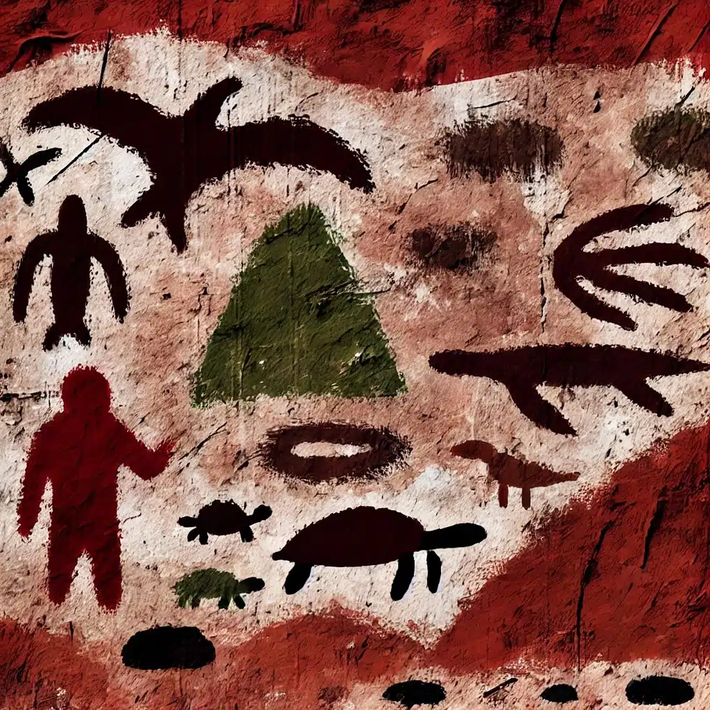 DALL·E 2024-09-24 19.16.36 - A cave painting-style artwork that evokes the essence of La Réunion island, using earth-toned colors like red, brown, and black. The image features si