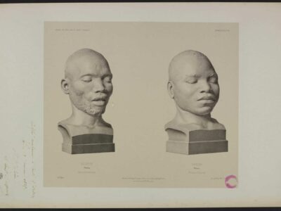 Cette estampe de Leveillé représente les « bustes moulés sur nature » par Dumoutier. Elle portent les mentions de Valentin Makoua Afrique orientale et de Makéra, Makoua, Afrique orientale. Muséum national d’Histoire naturelle, EST VOY 3, pl.21.