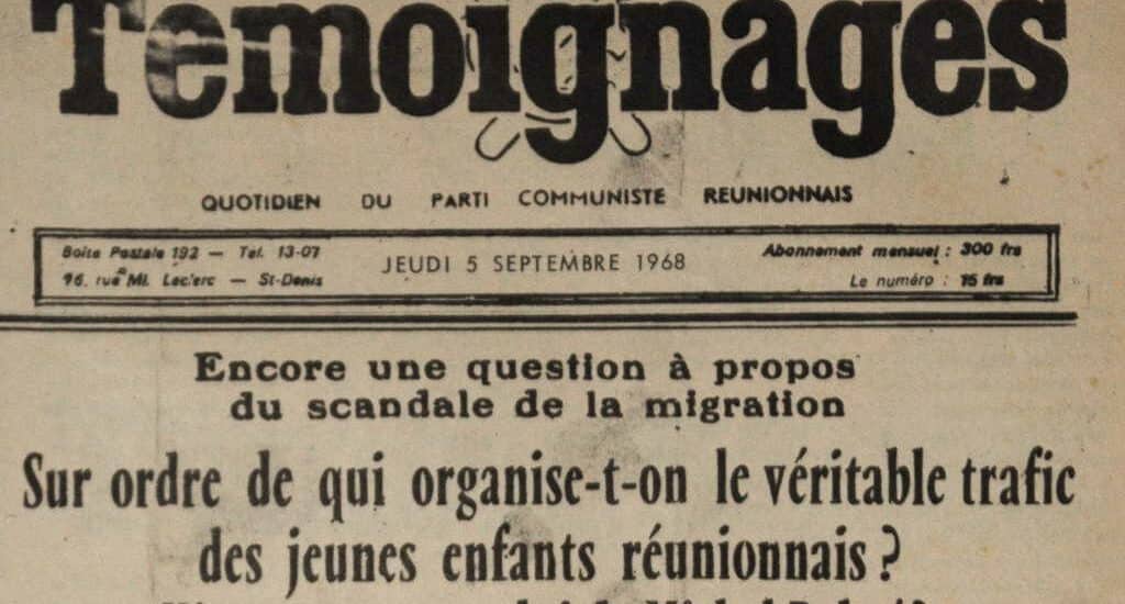 Une du journal Témoignages du 5 septembre 1968 qui mentionne l'affaire des "enfants de la Creuse".