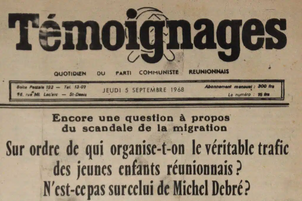Une du journal Témoignages du 5 septembre 1968 qui mentionne l'affaire des "enfants de la Creuse".