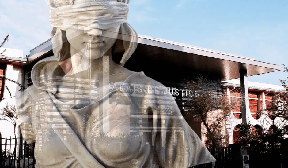 Dame Justice superposée à la photo du Palais de Justice de Saint-Pierre.