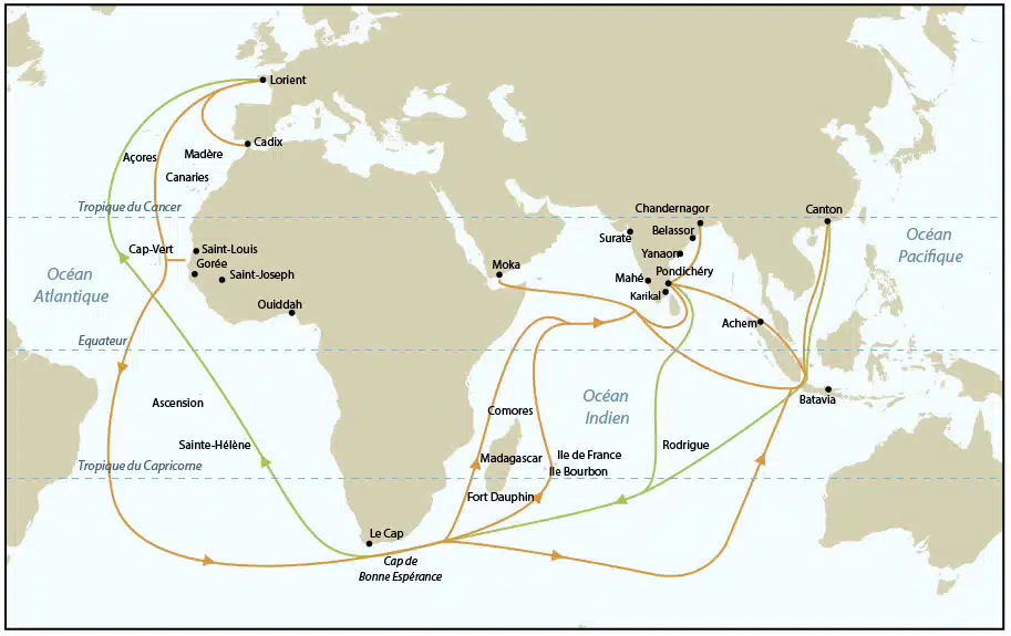 Les itinéraires de la Compagnie des Indes vers 1750