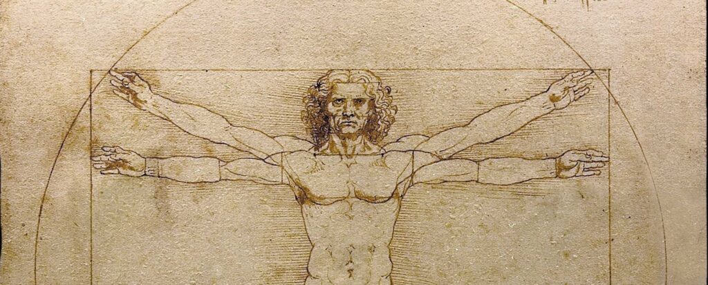 Sur cette célèbre image, Étude des proportions du corps humain selon Vitruve, l’artiste Léonard de Vinci met en scène l’homme au centre de l’univers, et étudie les proportions entre les différentes parties de son corps. Par exemple, quand les bras sont tendus à l’horizontale, leur longueur équivaut à la hauteur totale du personnage : l’homme s’inscrit exactement dans un carré.