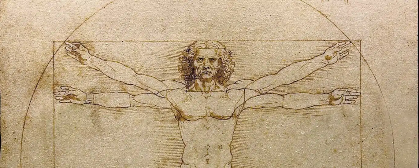 Sur cette célèbre image, Étude des proportions du corps humain selon Vitruve, l’artiste Léonard de Vinci met en scène l’homme au centre de l’univers, et étudie les proportions entre les différentes parties de son corps. Par exemple, quand les bras sont tendus à l’horizontale, leur longueur équivaut à la hauteur totale du personnage : l’homme s’inscrit exactement dans un carré.