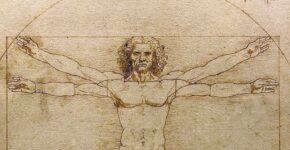 Sur cette célèbre image, Étude des proportions du corps humain selon Vitruve, l’artiste Léonard de Vinci met en scène l’homme au centre de l’univers, et étudie les proportions entre les différentes parties de son corps. Par exemple, quand les bras sont tendus à l’horizontale, leur longueur équivaut à la hauteur totale du personnage : l’homme s’inscrit exactement dans un carré.