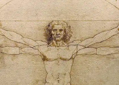 Sur cette célèbre image, Étude des proportions du corps humain selon Vitruve, l’artiste Léonard de Vinci met en scène l’homme au centre de l’univers, et étudie les proportions entre les différentes parties de son corps. Par exemple, quand les bras sont tendus à l’horizontale, leur longueur équivaut à la hauteur totale du personnage : l’homme s’inscrit exactement dans un carré.