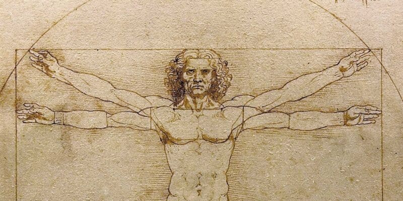 Sur cette célèbre image, Étude des proportions du corps humain selon Vitruve, l’artiste Léonard de Vinci met en scène l’homme au centre de l’univers, et étudie les proportions entre les différentes parties de son corps. Par exemple, quand les bras sont tendus à l’horizontale, leur longueur équivaut à la hauteur totale du personnage : l’homme s’inscrit exactement dans un carré.