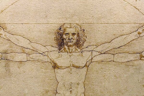 Sur cette célèbre image, Étude des proportions du corps humain selon Vitruve, l’artiste Léonard de Vinci met en scène l’homme au centre de l’univers, et étudie les proportions entre les différentes parties de son corps. Par exemple, quand les bras sont tendus à l’horizontale, leur longueur équivaut à la hauteur totale du personnage : l’homme s’inscrit exactement dans un carré.