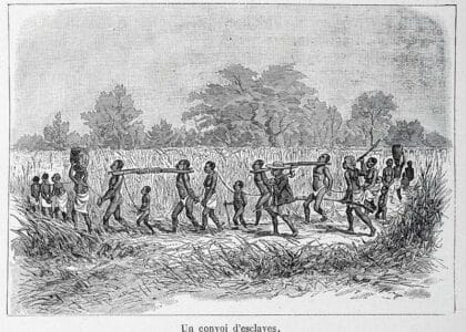 Convoi d’esclaves. In « Aventures de six français aux colonies. Bonnefont, Gaston. 1890 ». Musée historique de Villèle
