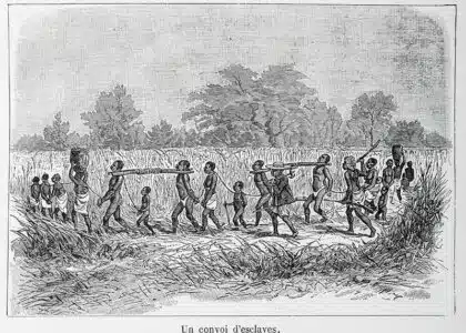 Convoi d’esclaves. In « Aventures de six français aux colonies. Bonnefont, Gaston. 1890 ». Musée historique de Villèle