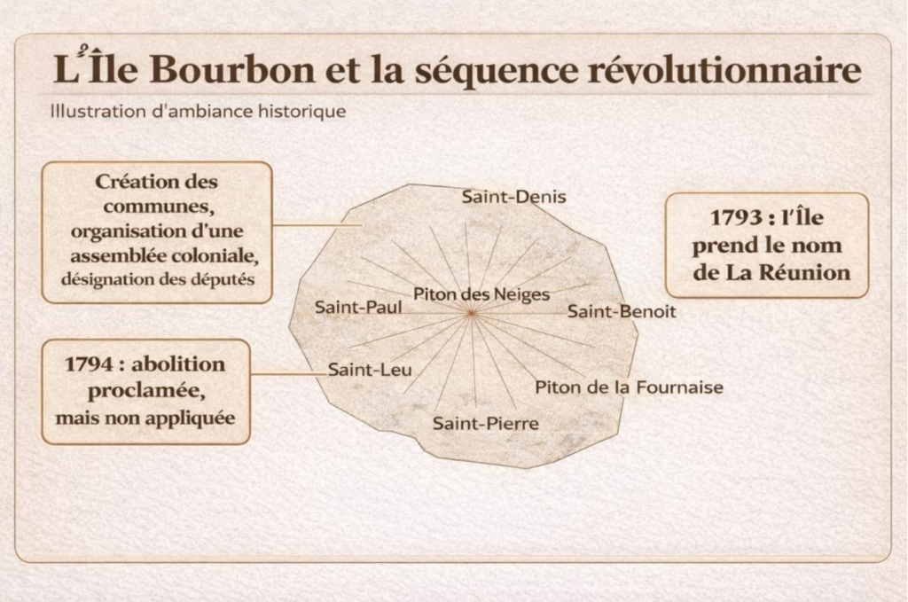 L’île Bourbon entre bouleversements révolutionnaires, changement de nom et premiers affrontements politiques.