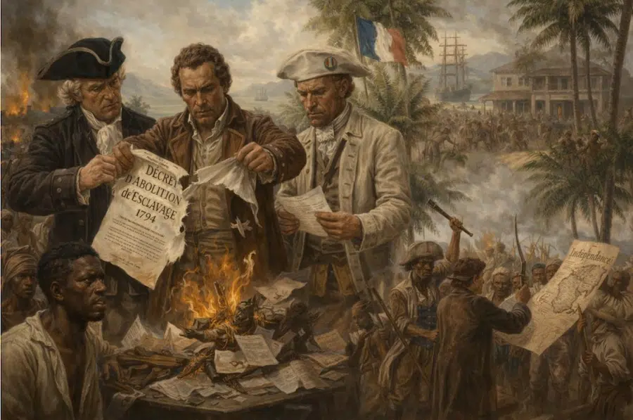 Illustration: abolition empêchée, information contrôlée et projet colonial de rupture avec la métropole pour maintenir l’esclavage.