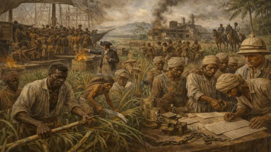 Illustration: la canne, la traite et l’engagisme dans une économie qui repose durablement sur la contrainte.