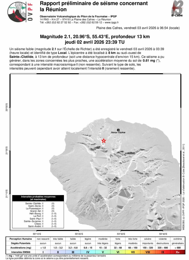 Communiqué de l’OVPF-IPGP – 03/04/2026 - 07h30. Un séisme a été ressenti le vendredi 3 avril 2026 à 03h39 heure locale (23h39 TU le 2 avril) par des habitants de l’île, principalement dans le secteur nord.