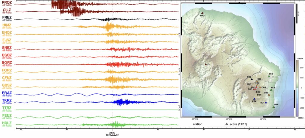 Exemples d'enregistrements sismiques du séisme de magnitude 2.1 à 3h30 heure locale. La carte à droite indique la localisation des stations sismiques qui sont présentées à gauche.