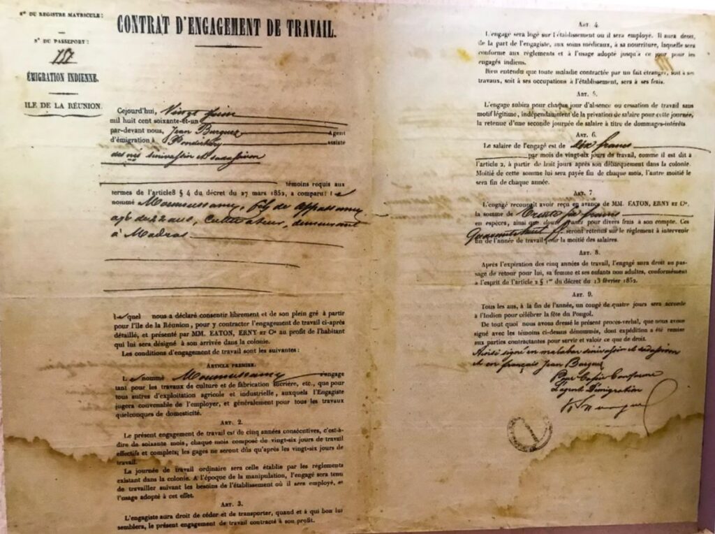Contrat d’engagement de travail. Coll. Archives départementales de La Réunion